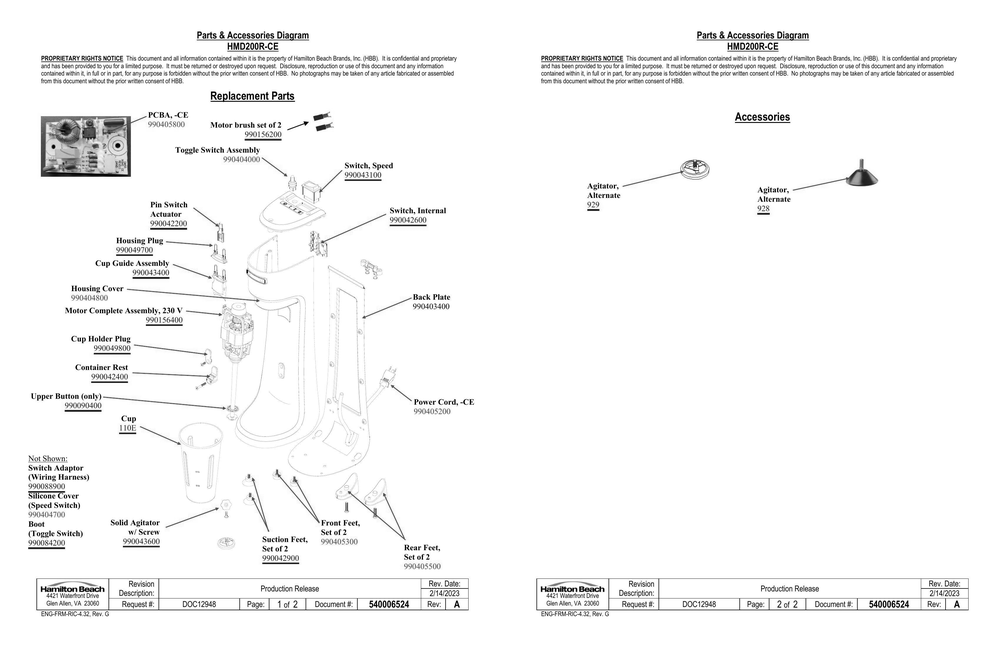 Diagram Diagram and Parts List for HMD200R-CE  Hamilton Beach Drink Mixer